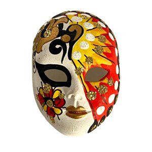 Mardi Gras Mask Hand Painted Ceramic Pin Brooch With Gold Red Floral Accents